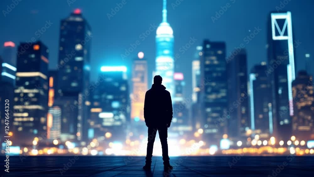 Silhouette of a Man Standing in Front of a Vibrant City Skyline at Night Silhouette of a Man Standing in Front of a Vibrant City Skyline at Night