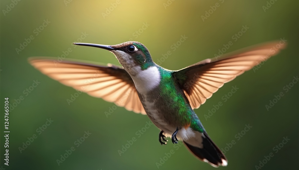 Fototapeta premium Small hummingbird in flight against soft green background. Detailed view of wings, iridescent feathers. Bird hovering feeding. Beautiful vibrant colors. Nature photo. Wildlife image exotic animal.