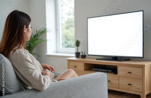 Woman relaxing on sofa watching white screen TV. Home interior with comfy furniture. Casual atmosphere. Woman enjoying entertainment at home. Relaxed setting suggests comfort, leisure. Modern living photo