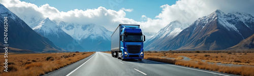 Blue semi-truck travels scenic New Zealand mountain valley road. Vast snowy mountain ranges form backdrop. Highway stretches through open valley. Sunny day. Landscape image conveys sense of photo