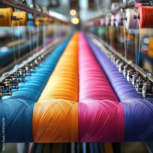 Colorful threads spinning in a textile factory industrial workshop close-up view crafting concept
