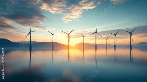 Sunrise over a calm body of water with numerous wind turbines reflected in the glassy surface, low clouds, and a soft golden sky, creating a serene
