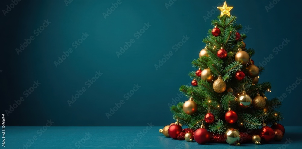 Elegant Christmas tree, golden ornaments, blue backdrop, sparkle effect, ornament Elegant Christmas tree, golden ornaments, blue backdrop, sparkle effect, ornament