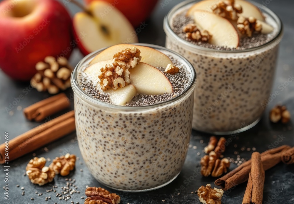 Creamy Chia Pudding with Fresh Apple Slices and Walnuts Surrounded by Cinnamon Sticks and Red Apples on Dark Background Creamy Chia Pudding with Fresh Apple Slices and Walnuts Surrounded by Cinnamon Sticks and Red Apples on Dark Background
