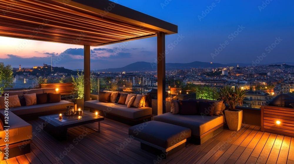 Fototapeta premium Luxury Rooftop Terrace with Panoramic City View at Dusk.