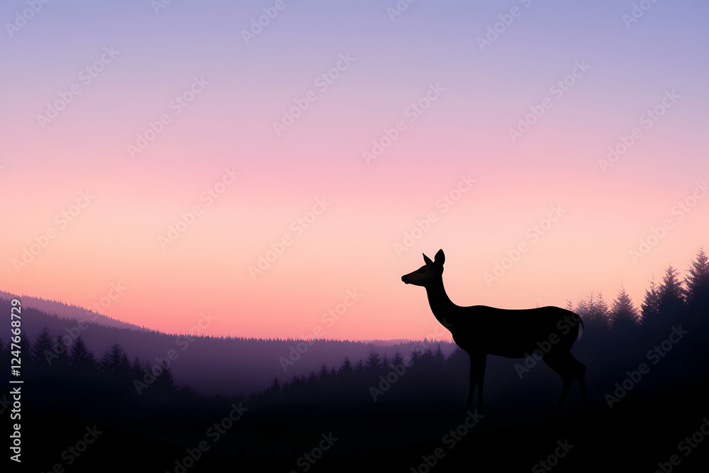 Silhouetted deer at sunset in serene landscape.