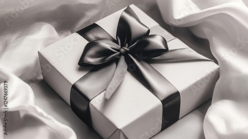 A white box with a black bow on top of it