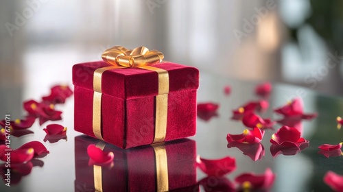 A red velvet box with gold trim sits on a table covered in red rose petals