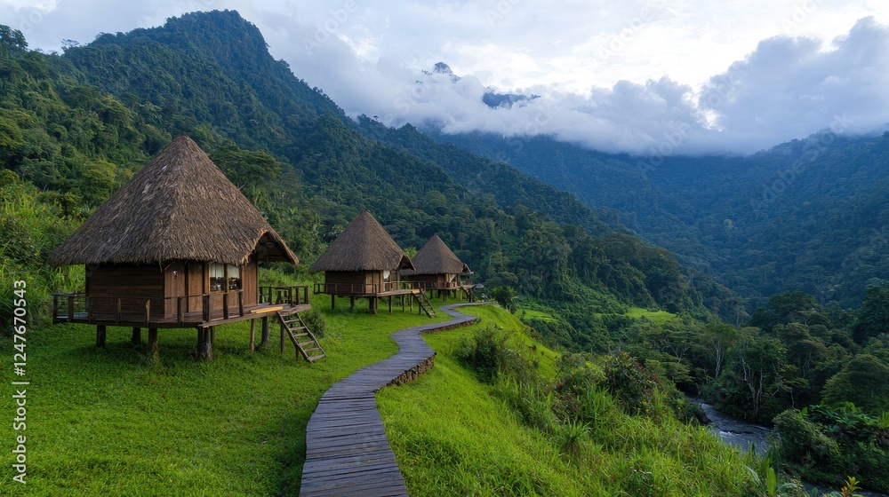 Mountain resort bungalows, winding path, lush valley Mountain resort bungalows, winding path, lush valley