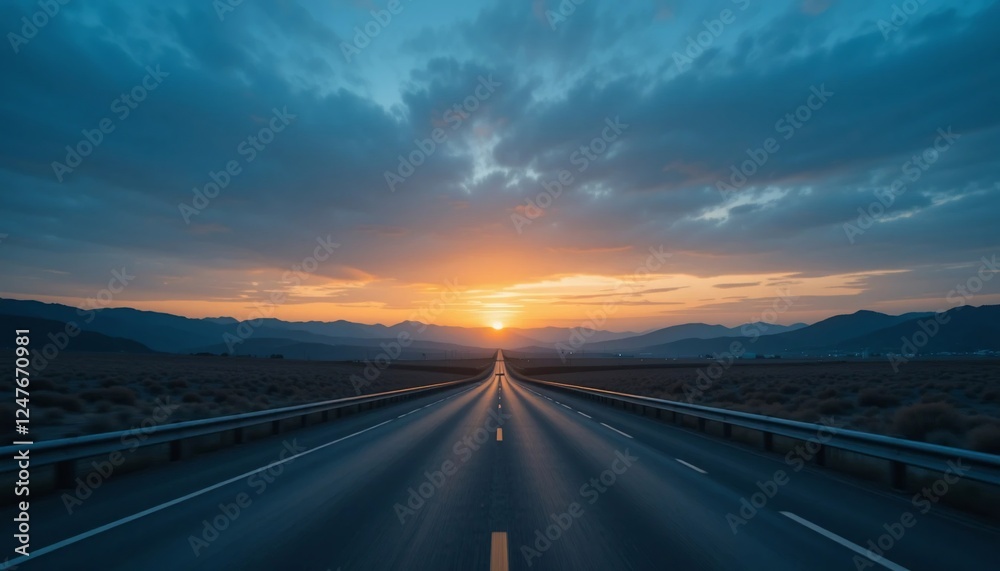Fototapeta premium Scenic Highway at Sunset Open Road Mountain Landscape Dramatic Sky