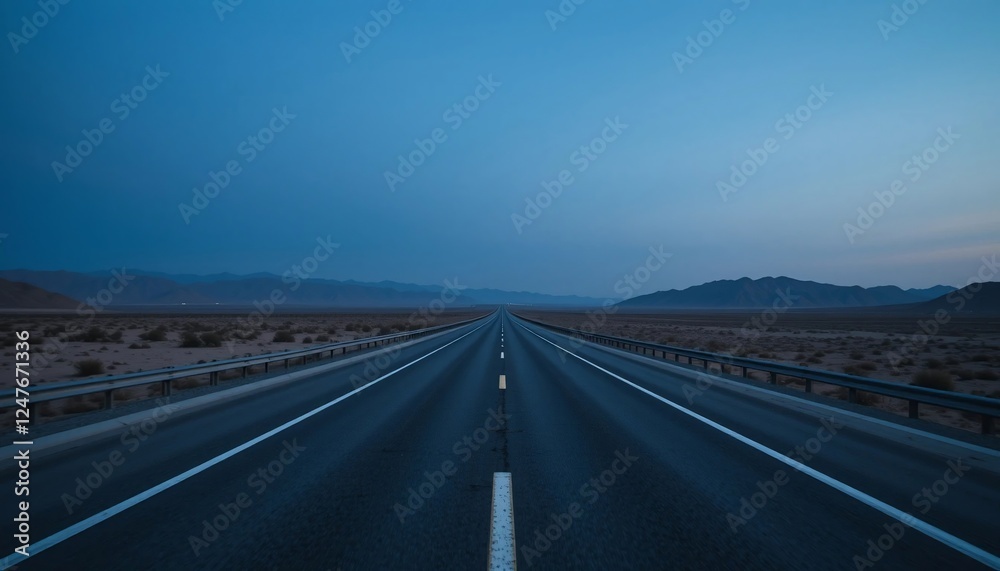Scenic Desert Highway at Dusk Endless Road Mountains and Blue Sky Scenic Desert Highway at Dusk Endless Road Mountains and Blue Sky