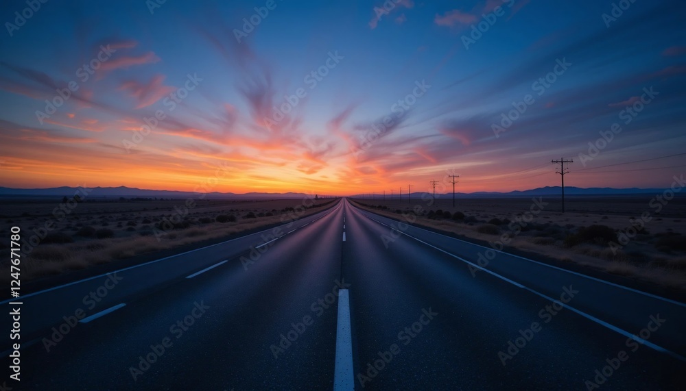 Scenic Highway at Sunset Open Road Dramatic Sky Desert Landscape Scenic Highway at Sunset Open Road Dramatic Sky Desert Landscape