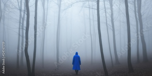 An enigmatic figure wanders through a captivating, foggy forest full of mystery photo