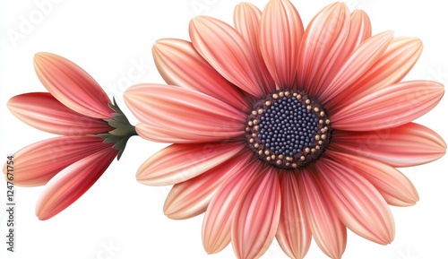 Two delicate, light pink flowers with detailed petals and a dark center, presented against a plain white background. The petals exhibit a subtle
