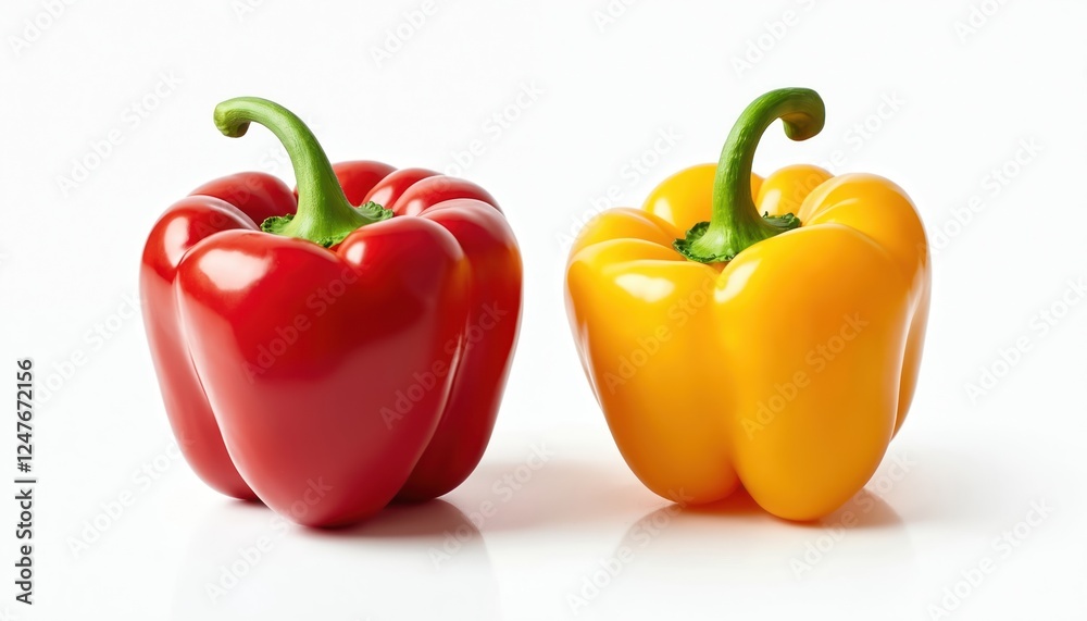 Two fresh bell peppers red, yellow isolated on white background. High quality food photo ideal for healthy eating concept vegetable ingredient. Bright colors, detailed texture highlight fresh Two fresh bell peppers red, yellow isolated on white background. High quality food photo ideal for healthy eating concept vegetable ingredient. Bright colors, detailed texture highlight fresh