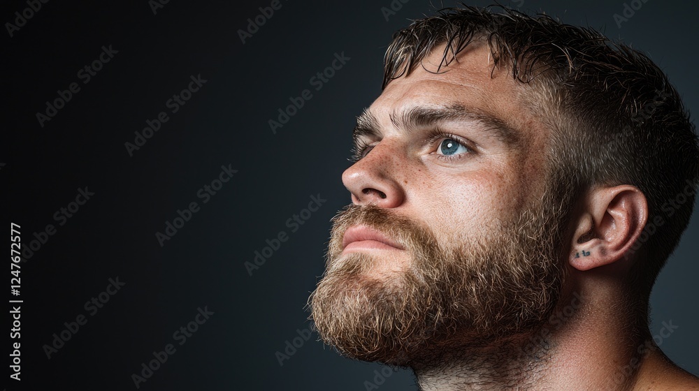 Obraz premium Thoughtful man, pensive gaze, dark background, studio portrait, website banner