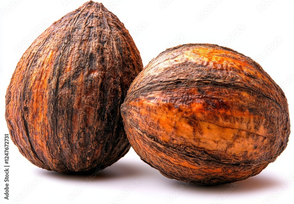 Two whole, light brown nuts, with a rough, dark brown exterior speckled with small particles, are centered against a plain white background