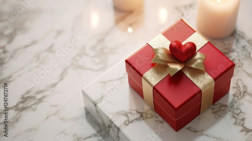 A red box with a gold ribbon and a heart on it sits on a marble countertop