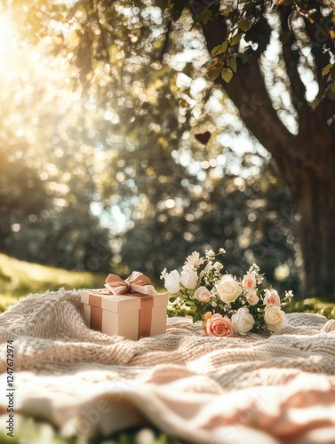A white box with a brown bow sits on a blanket in a park