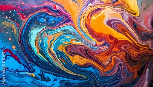 An expressive swirl of acrylic pouring paints on a modern fluid art canvas, creating a vibrant, abstract explosion of color