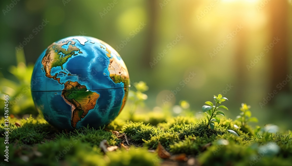 Globe resting on rich green moss, small plants. Eco friendly world concept. Sustainable development. Renewable energy solutions. Clean energy future. World Environment Day. Advocating for climate Globe resting on rich green moss, small plants. Eco friendly world concept. Sustainable development. Renewable energy solutions. Clean energy future. World Environment Day. Advocating for climate