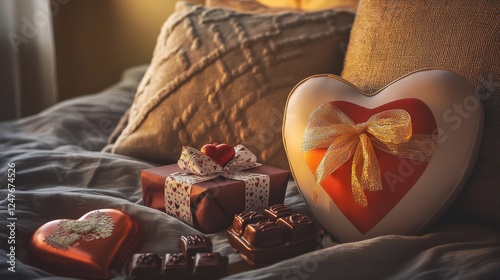 A bed with a white pillow and a red heart on it