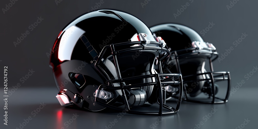 Two Sleek Dark Football Helmets Illuminated By Subtle Lighting Against A Dark Background. 2 Football Helmets. Close-Up View. Focus on Detail. High-Tech Protection Gear. Modern Sports Design Two Sleek Dark Football Helmets Illuminated By Subtle Lighting Against A Dark Background. 2 Football Helmets. Close-Up View. Focus on Detail. High-Tech Protection Gear. Modern Sports Design