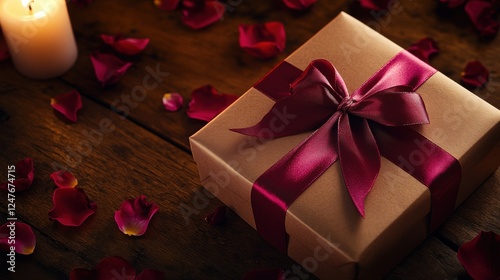 A brown box with a red ribbon on top of a wooden table