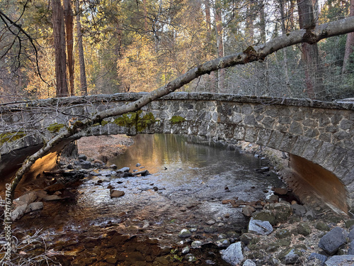 Stone bridge golden reflection in Yosemite National Park