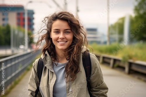 Portrait of a beautiful young woman with a backpack on a bridge photo