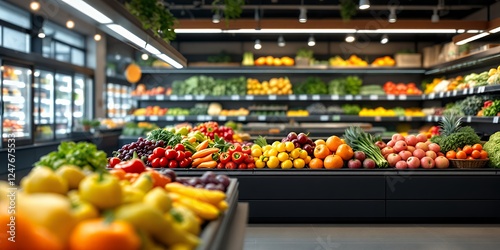 Vibrant Display of Fresh Organic Produce in a Modern Grocery Store with Natural Lighting and Arrangement featuring Seasonal Fruits and Vegetables.  A Grocery Aisle Displaying Healthy and Wholesome