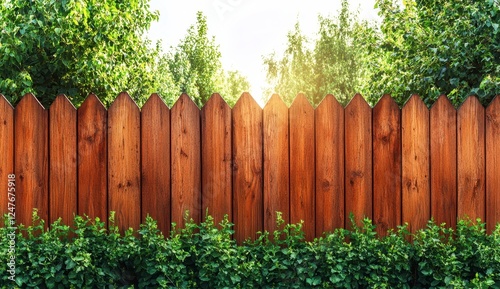 Wooden fence with lush green foliage, sunlight filtering through trees, warm brown tones, outdoor scene, nature backdrop, peaceful garden fence