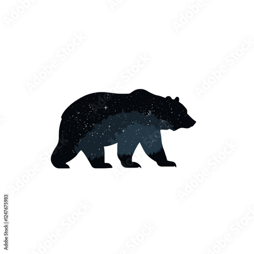 Silhouette of Bear with Starry Double Exposure Design on White Background