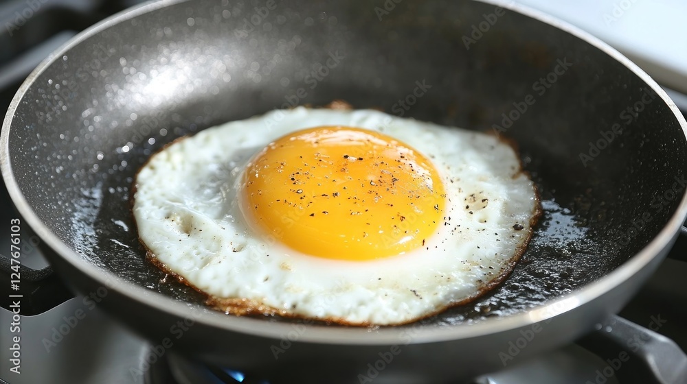 Woman cooking egg in frying pan on stove, closeup Woman cooking egg in frying pan on stove, closeup