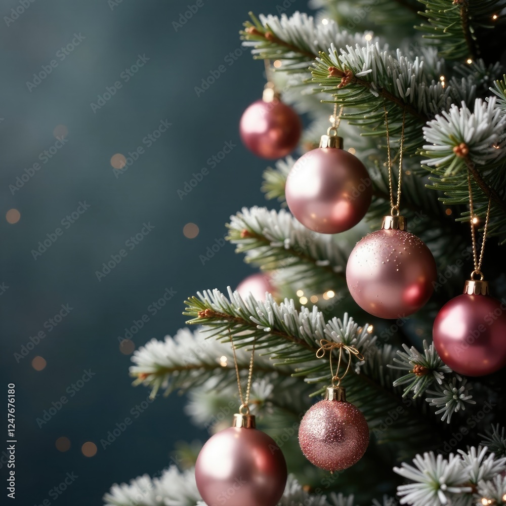 Fototapeta premium Tree branches adorned with silver ornaments and pink glass balls, winter wonderland, gold, monochromatic