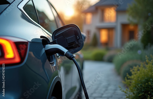 Electric vehicle charging at home. Eco-friendly tech. Modern car recharging battery. Sustainable energy source. Charging station connected to car. Future of transport. Green energy concept. Home photo