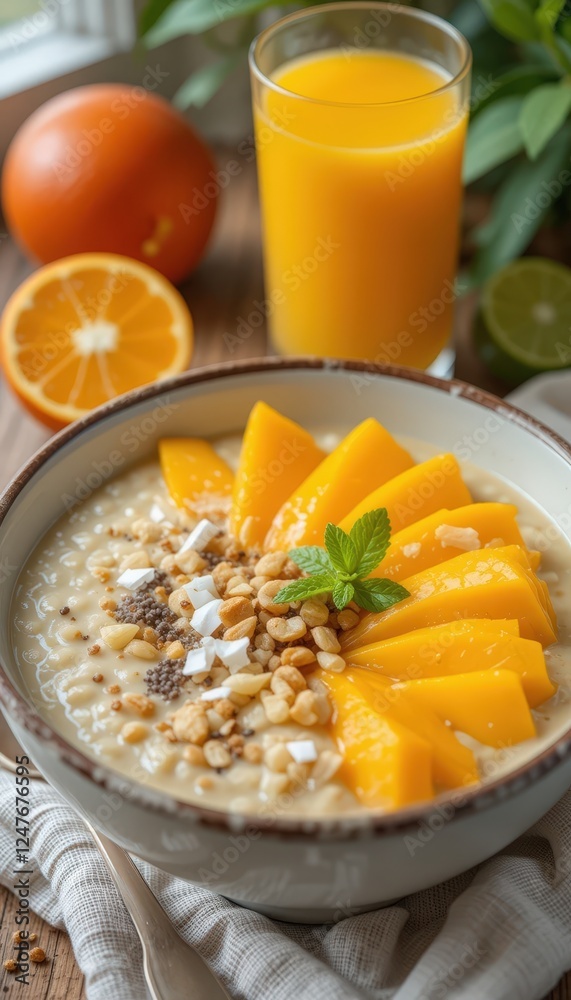 Creamy Oatmeal with Fresh Mango Slices in Soft Morning Light – A Healthy and Comforting Breakfast Creamy Oatmeal with Fresh Mango Slices in Soft Morning Light – A Healthy and Comforting Breakfast