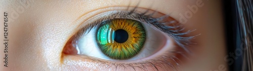 Close up of a human eye with a green and yellow colored contact lens, detailed eyelashes, and a light skin tone. The focus is on the eye and the