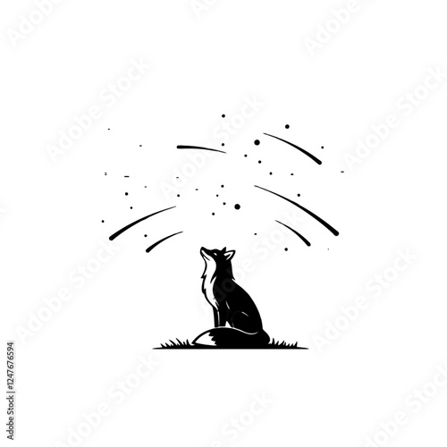 Silhouette of a Fox Gazing at Night Sky with Shooting Stars