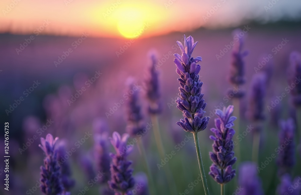 Fototapeta premium Close up of beautiful purple lavender flowers in field at sunset. Nature scene shows vibrant colors, soft light. Lavender field in Provence France. Blooming flowers. Nature background. Summer. Bokeh