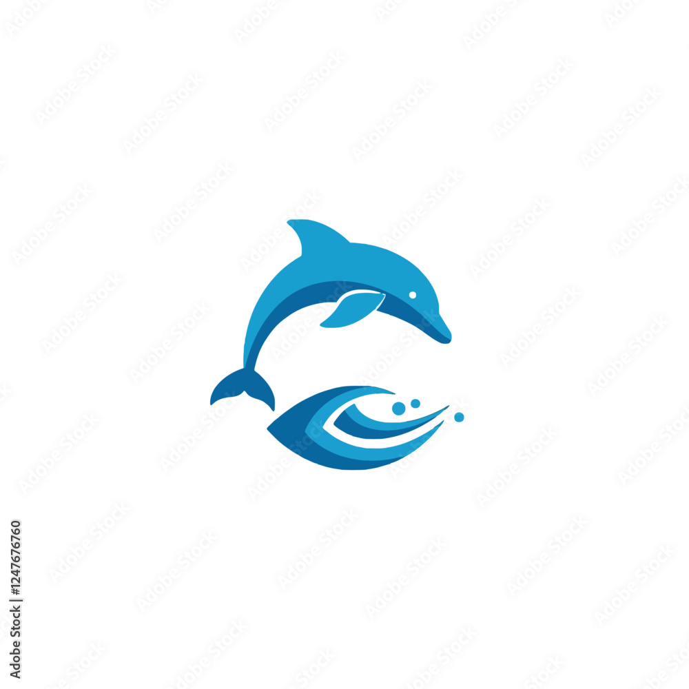 Blue Dolphin and Splash Illustration as Aquatic Ocean Concept Design Blue Dolphin and Splash Illustration as Aquatic Ocean Concept Design
