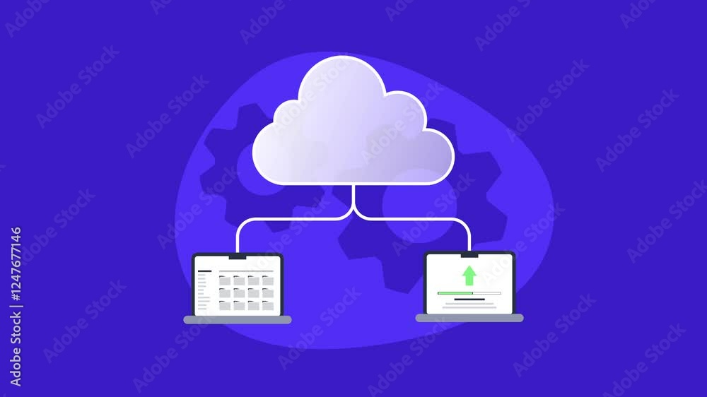 Cloud computing network connecting two laptops. Suitable for technology, remote work, data transfer concepts. Digital connection and collaboration.