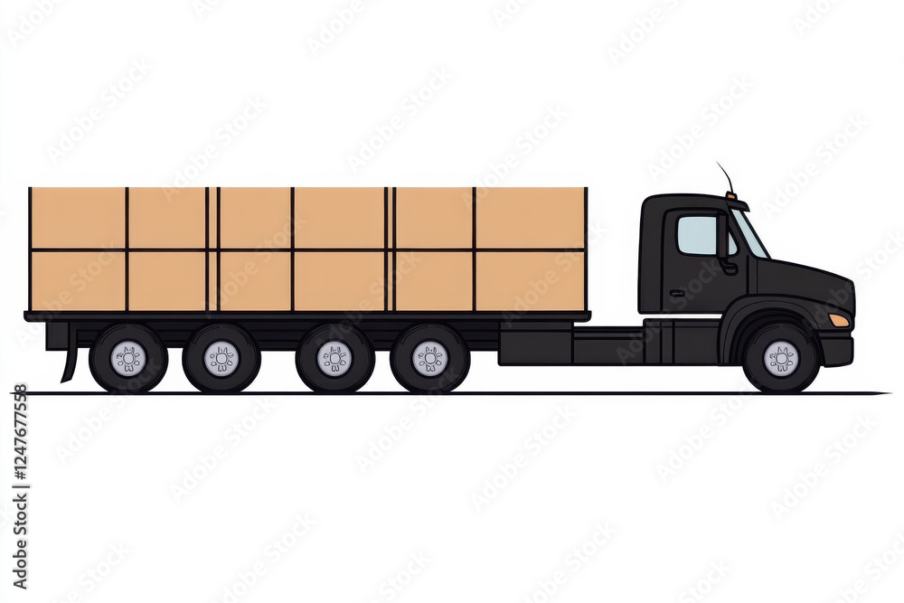 A large black semi truck is carrying a load of boxes A large black semi truck is carrying a load of boxes