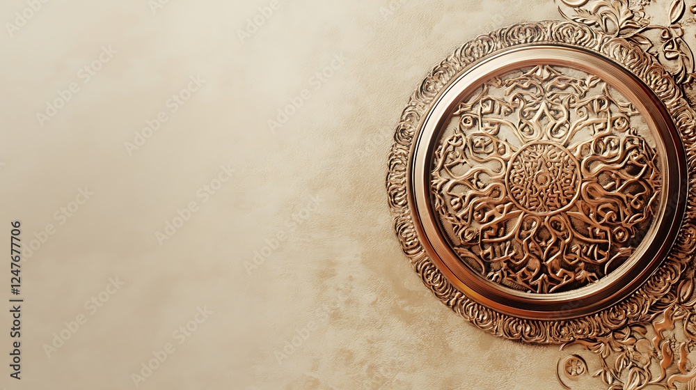 Fototapeta premium Elegant Ornate Gold Medallion on Beige Wall