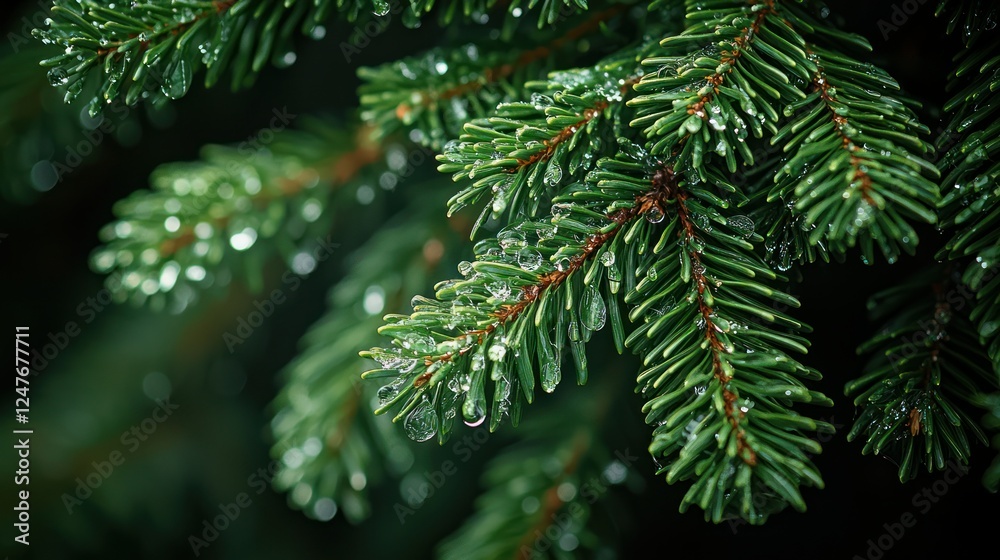 Dew-covered pine branch, close-up, nature background, holiday card Dew-covered pine branch, close-up, nature background, holiday card