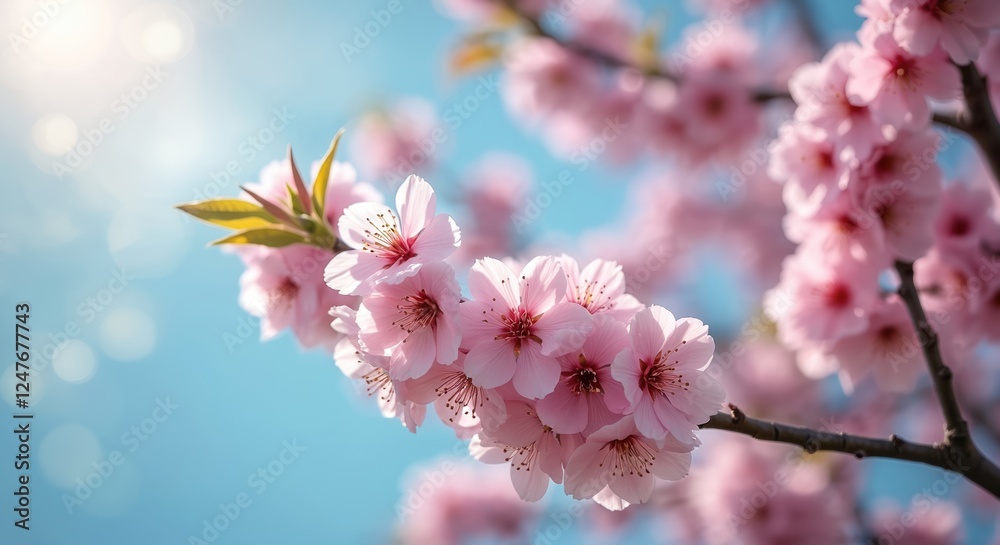 Pink cherry blossoms bloom on tree branches. Sunny spring day. Beautiful flowers in spring. Natural background with bokeh. Springtime beauty. Close-up of flowers. Soft focus. Outdoor scene. Garden Pink cherry blossoms bloom on tree branches. Sunny spring day. Beautiful flowers in spring. Natural background with bokeh. Springtime beauty. Close-up of flowers. Soft focus. Outdoor scene. Garden