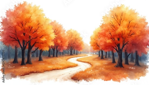 Serene autumn forest scene. Winding path leads through vibrant orange, red trees. Autumnal foliage fills forest. Pathway meanders through landscape. Tranquil nature scene. Perfect for autumnal