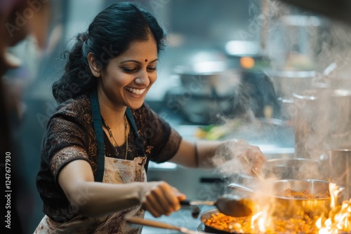 Woman chef cook at kitchen smiling
