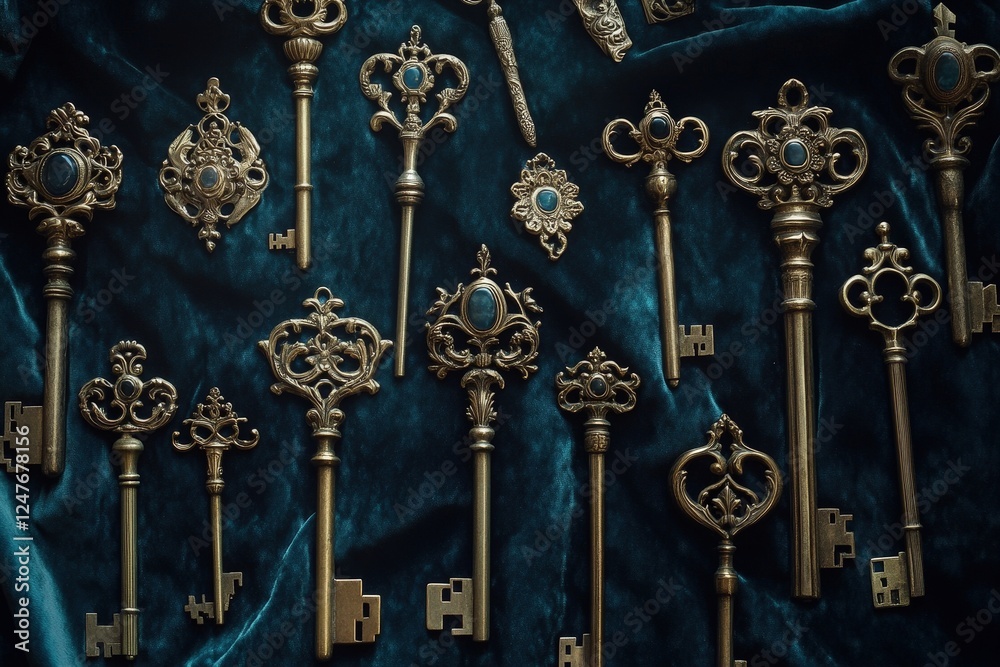 A collection of antique keys with ornate designs displayed on a velvet cloth A collection of antique keys with ornate designs displayed on a velvet cloth