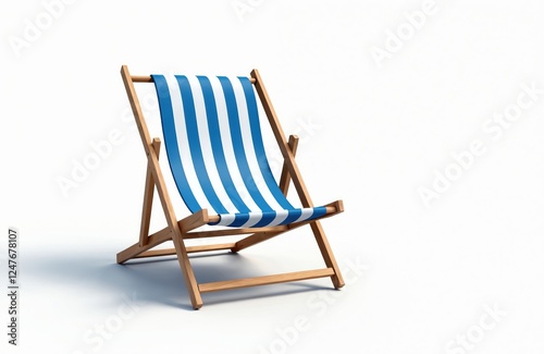 Blue striped beach chair for summer vacation. Empty wooden beach chair isolated on white background. Ideal for relaxation, rest. Perfect for beach resort tropical island getaway. Vacation, summer